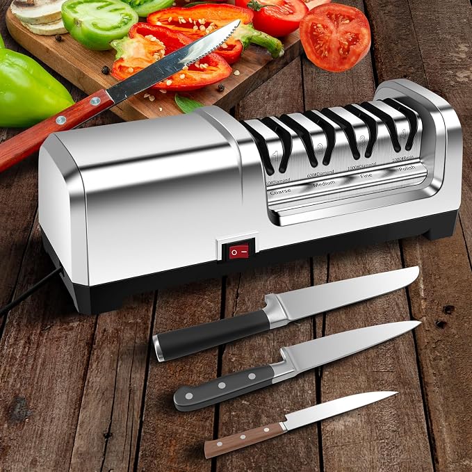 YBSVO 4-Stage Professional Electric Knife Sharpener | Heavy Duty Diamond Sharpening System for Straight & Serrated Knives - Quiet Motor for Kitchen & Chef Use