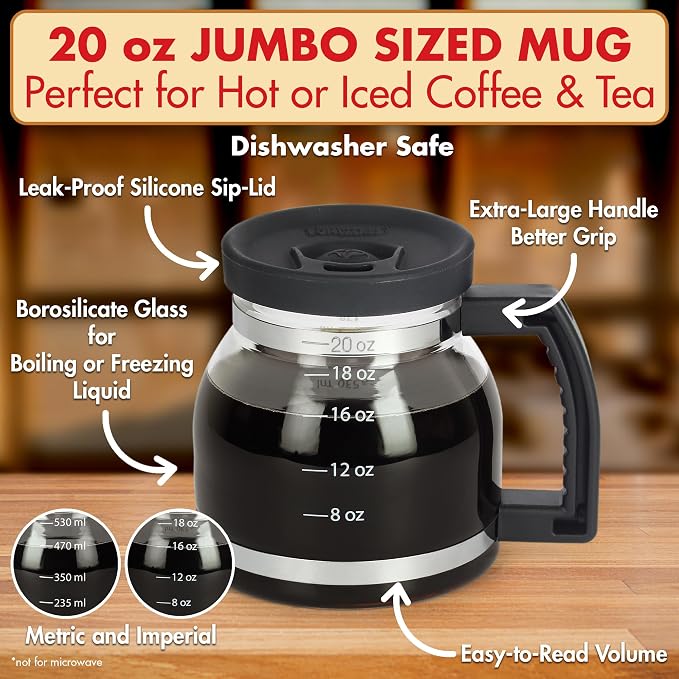 Cupa Joe Coffee Mug – 20oz Borosilicate Glass Diner Pot Mug with Spill-Proof Lid – Funny Novelty Gift for Coffee Lovers, Dads, Office, Travel & More