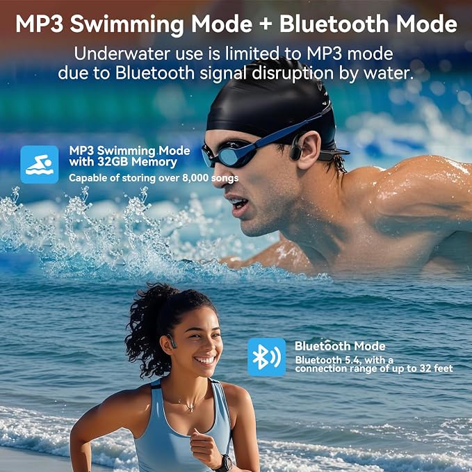Full-Coverage Liquid Silicone Swimming Headphones,IP68 Waterproof Underwater Headphones, Bluetooth 6.0&MP3 with 32GB Memory Card,Soft/Skin-Comfortable Open Ear Bone Conduction Swim Earbuds(Black