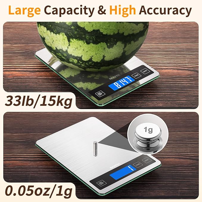 Food Scale, 15kg/33lb Digital Kitchen Scale with Stainless Steel & Tempered Glass, 1g/0.05oz Precise Weighing, Splash-Resistant and Sturdy Surface, for Cooking, Baking, Weight Loss, Meal Prep