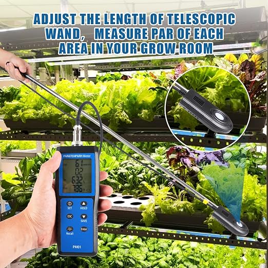 Quantum PAR Meter with 36 inch Telescopic Wand for LED Testing in Grow Room | 400-700nm Wavelengths Range, Temperature and Humidity Display, PPFD Meter for Easy Testing in Tent, Room, Greenhouse