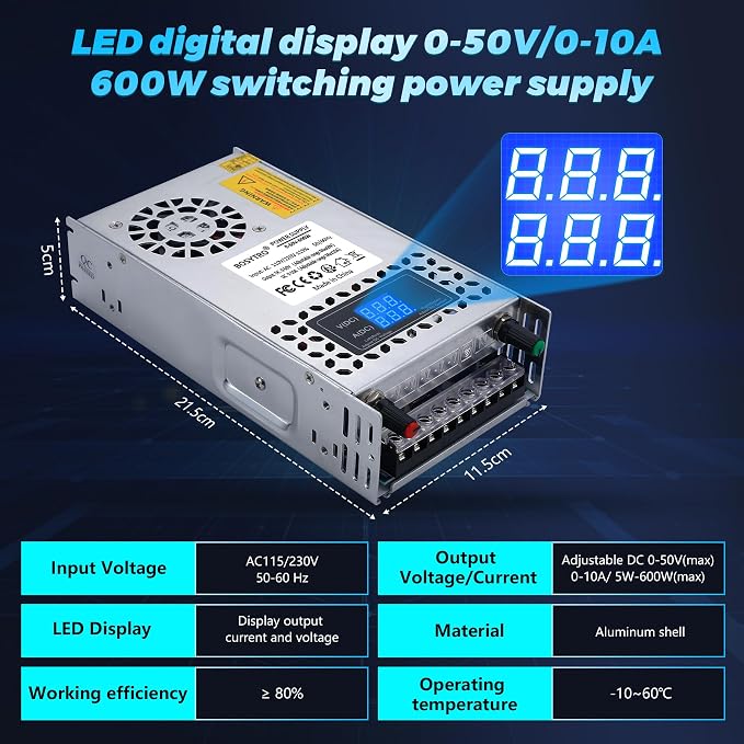 60V Adjustable dc Power Supply 600W,Switching Power Supply AC 110V/220V to DC 0-60V DC Converter with LED Digital Display, 5V 12V 24V 48V Buck Converter for 3D Printer,CCTV,Dimmable LEDs