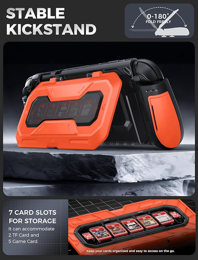 Mumba Dockable for Nintendo Switch 2 Case with Flip Stand, [Titan] Ergonomic Switch 2 Grip Protective Cover Holds 5 Game Cards & 2 TF Cards TPU Accessories and Quick-Release Joy-Con Design (Orange)