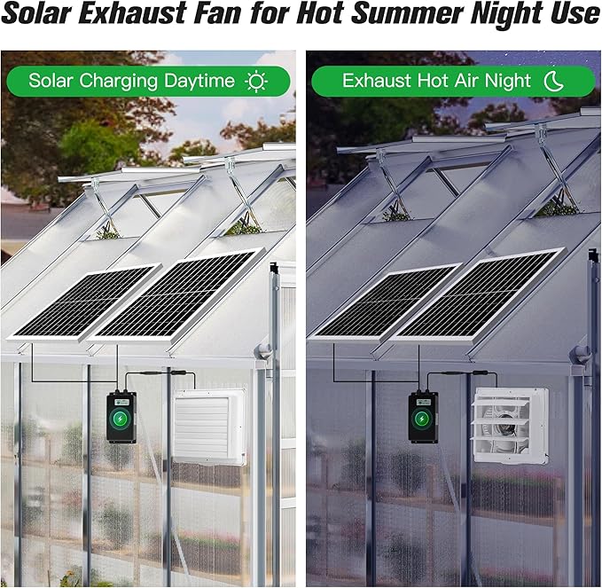 blessny Solar Powered Rechargeable Shutter Exhaust Fan, 50W Solar 10" Ventilation Vent Fan with 66.6 Wh Battery Backup for Outside Greenhouse, Chicken Coop, Shed, Pet House