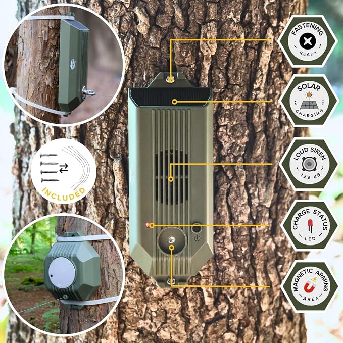 Tactiko Wire Trip Perimeter Alarm 2.0, 129 dB Rechargeable Perimeter – 80ft Kevlar Tripwire, Solar/USB, Weatherproof, Bear Deterrent for Camping, Property, Home Security (1 Pack)