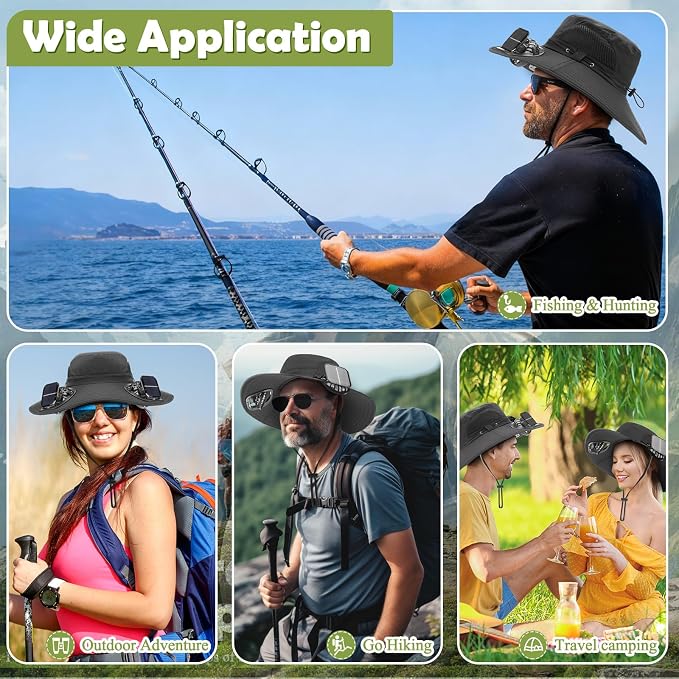 Berlune Sun Hat with 2 Solar Fan Wide Brim Fishing Bucket Hat USB & Solar for Men Women UPF 50+ Cooling for Fishing Beach