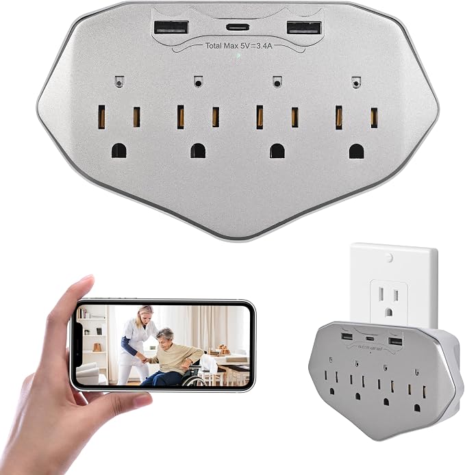 1080P WiFi Wall Outlet Camera with 45W Fast Charging, 4 AC Outlets, USB-C & USB-A Charging Ports, Remote Viewing Security Camera with Loop Recording, No Night Vision