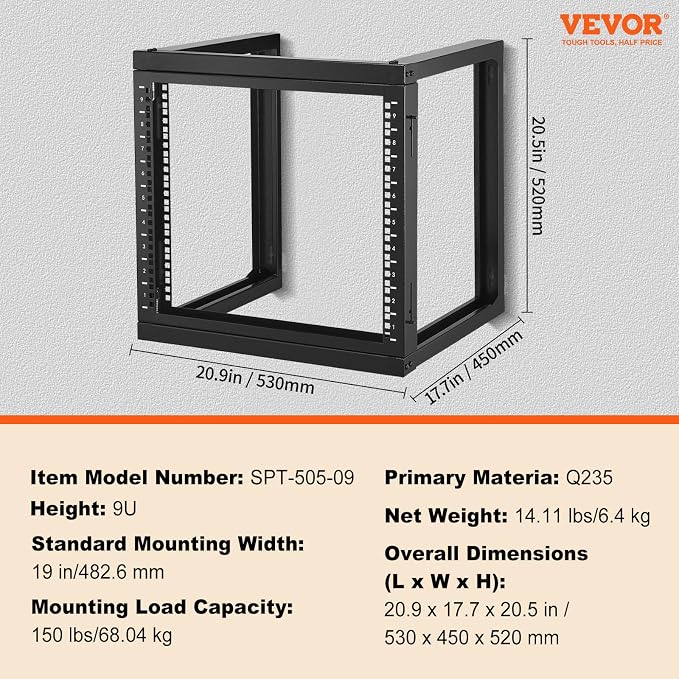 VEVOR 9U Server Rack, Wall Mount Network Rack for 19 Inch IT & AV Equipment, Open Frame 18" Deep 150 lbs Max Load Capacity