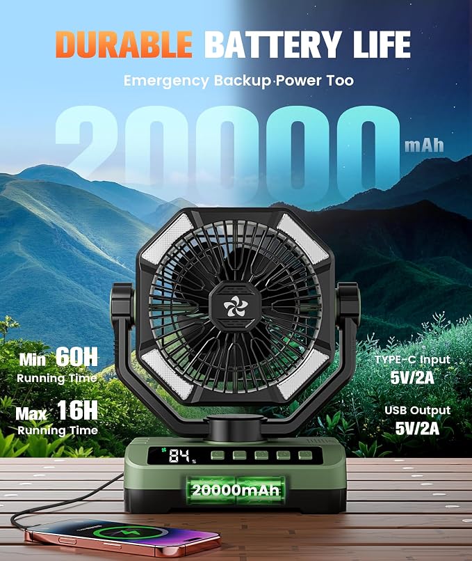 Camping Fan Battery Powered Fan - Rechargeable with Starlight, 20000mAh Battery Operated Outdoor 5 Speed Desk Fans with LED,Hook,Remote Control, Timer,Personal Fans for Tent, Power Outage, Fishing