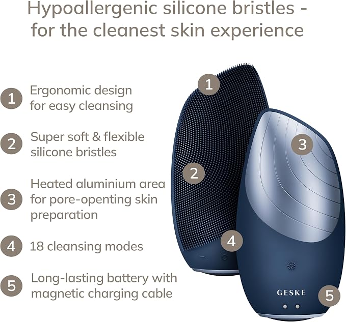 GESKE SmartAppGuided Sonic Thermo Facial Brush | 6 in 1 | Skin Cleansing | Cleansing Brush with Thermal Function | Electric Facial Massager