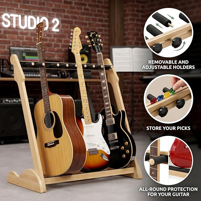 Guitar Stand Rack, Multi-Guitar Display Rack Adjustable Bamboo Guitars Holder Electric Guitar Stands Floor Storage for Bass Acoustic, Home Studio, Band Stage (Natural-B)