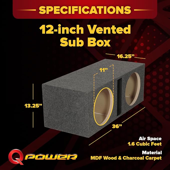 QPower QBASS Dual 12 Inch Car Audio Subwoofer Box, Charcoal Gray Carpet Finish - MDF Woofer Enclosure, Single Slot Port Vent, Deep Bass Sound System for Truck and Stereo