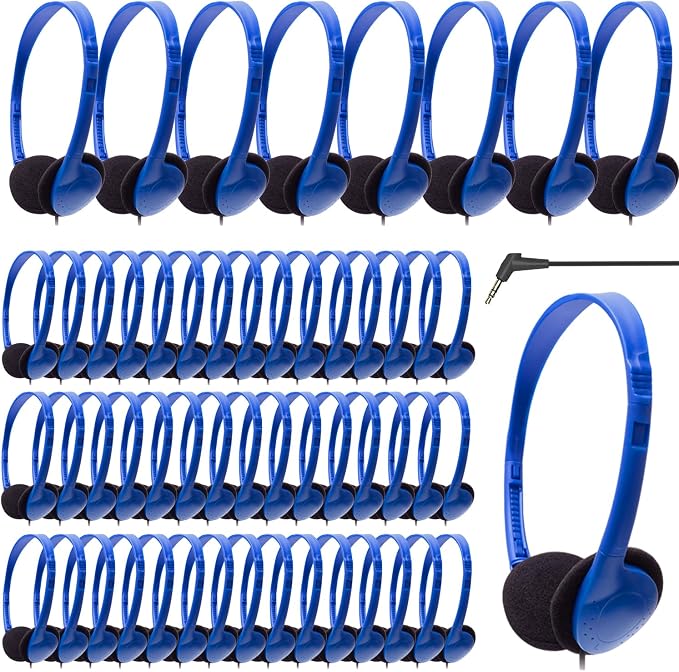 Kids Headphones Bulk 100 Pack for School Classroom Student Children Toddler Boys Girls Teen and Adults, Wholesale Wired Computer Earphones Class Set for Library Museums Airplane (HY857,100 Blue)