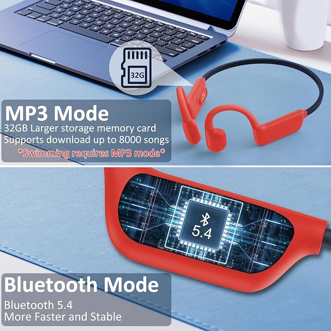 Swimming Headphones-Bone Conduction Headphones, IP68 Waterproof Open Earphones, LiteSurge Bluetooth 5.4 Underwater Sport Earbuds with 32 GB MP3 Memory for Swimming, Marathon-Neon Orange