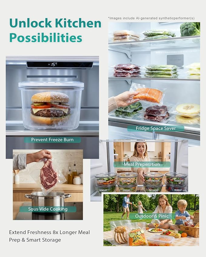 Vacuum Sealer for Food, 90kPa Auto Lock Food Sealer Machine, with Bag Rolls | Hands-free Auto Lock, 80+ Bags Continuous Sealing, 8mm Double Heat Seal for Moist Foods, Built in Cutter & Roll storage
