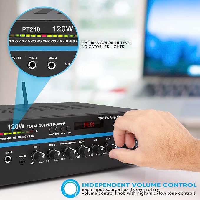 Pyle Home Compact Public Address Mono Amplifier - Professional 120 Watt Home Power Audio Sound PA Speaker Receiver System w/ RCA, Headphone, 2 Microphone Inputs, Independent Volume Control - PT210