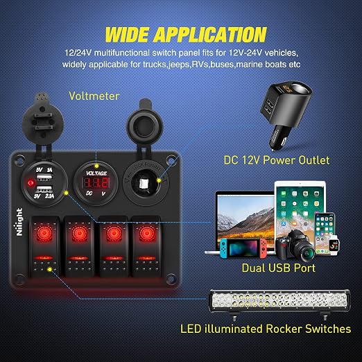 Nilight 4Gang Rocker Switch Panel with USB Charger Voltmeter and Cigar Lighter 12V 24V Toggle ON Off Red Night Glow Stickers for Cars Rvs Trucks