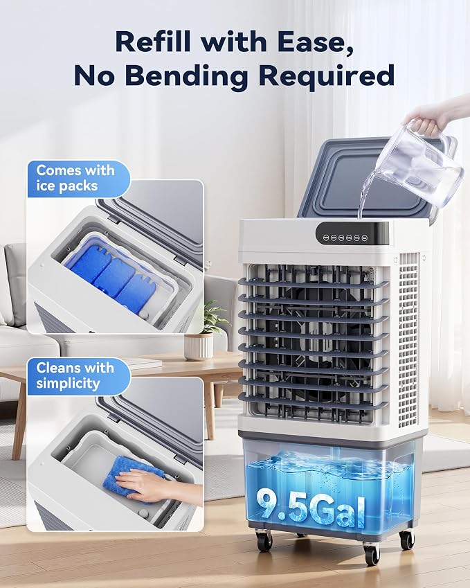 Evaporative Cooler, Swamp Cooler Air Conditioner 9.5 Gal Water Tank | 2500 CFM, 120° Oscillation, 3 Speeds&Modes,12H Timer, Remote&Touch,4 Ice Packs, for Garage, Large Room, Dry Climate