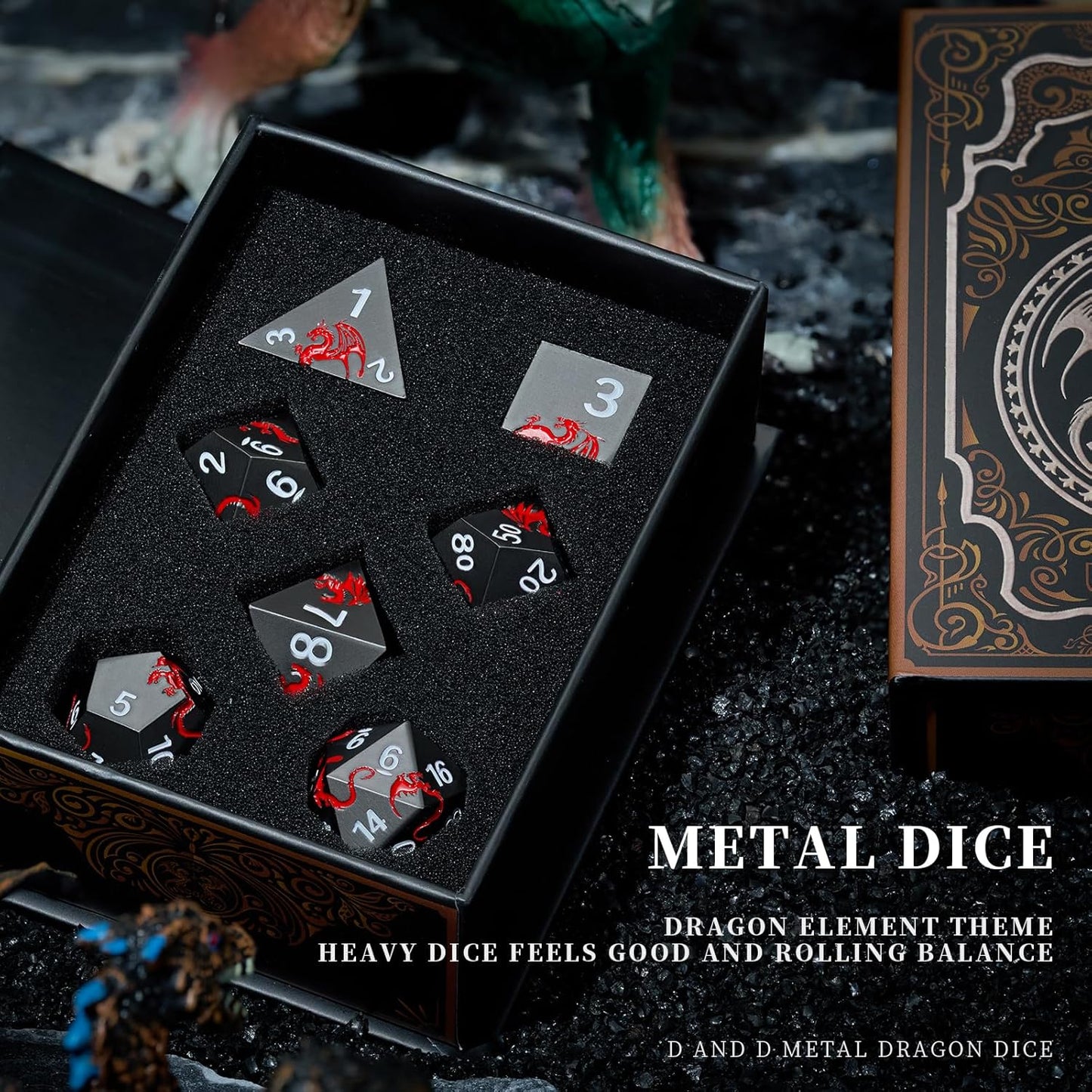 Metal DND Dice Set Dragon D&D Dice for D&D Dungeons and Dragons Gift TTRPG Metal Dice with Dragon Dice Box(Black Red Dragon)