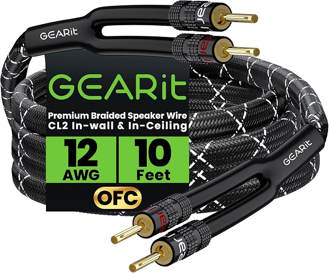 GEARit 12 Gauge Speaker Cable with Banana Plugs 10 ft,CL2 Rated OFC Speaker Wire with Gold-Plated Tips,Braided Speaker Wire for Audiophiles,Hi-Fi Systems,Home Theater,Amplifiers & Speakers(Black)