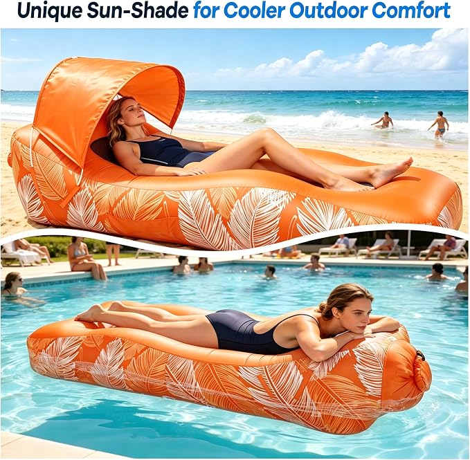 Inflatable Lounger Air Sofa with Unique Sun-Shade, Waterproof Inflatable Beach Bed with Electric Pump, Lightweight Air Hammock Chair for Hiking Backyard Travel Beach Park Picnics（Orange）