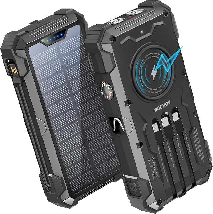 Sudrov Solar Charger Power Bank, 20000mAh Wireless Portable Charger with USB-C in/Output, QC3.0 Fast Charging 15W 4 Ports Outdoor Battery Pack Built-in LED Flashlight, for iPhone, Galaxy, iPad etc
