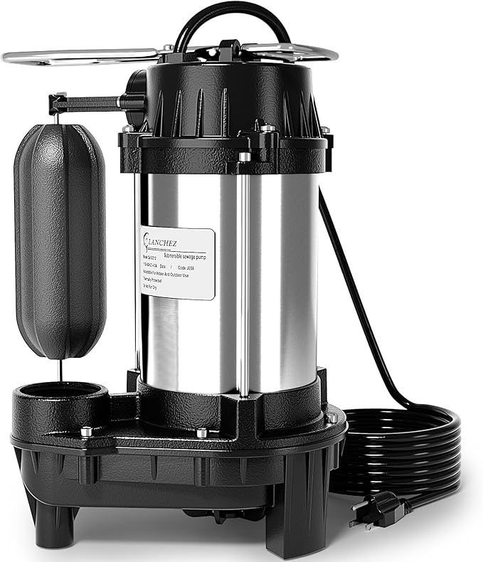 LANCHEZ 1/2 HP 5200 GPH Submersible Sump Pump Cast Iron and Stainless Steel with Integrated Vertical Float Switch, Sewage/Effluent Pump for Basement, Basin, Sewage System, 1-1/2" NPT Discharge