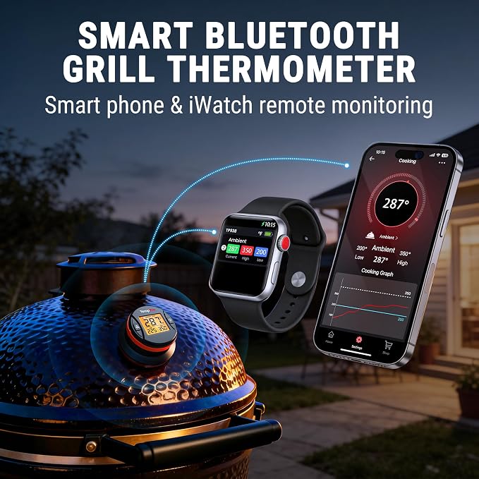 TempPro Bluetooth Grill Thermometer with LCD Display & App Alerts, 500FT Wireless Universal Temperature Gauge for Smoker, Kettle, Kamado, Pellet, Gas Grills-2 Mounting Kits Fit Most Lid Holes