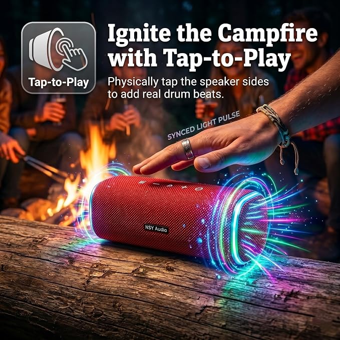Portable Outdoor Bluetooth Speaker for Camping Showers, IPX7 Waterproof Floating, 25H Playtime, Interacitve Tap-to-Play Drum Beats, RGB Lights for Sports, Hiking, Party, Red