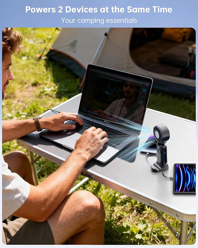 Portable Handheld Personal Fan with USB-C & iOS Cables 5V/2.4A Fast Charging for Cellphone/Tablet, 20H Cooling Time, Foldable Design with Phone Stand for Camping Travel Outdoor (2, Black+Black)
