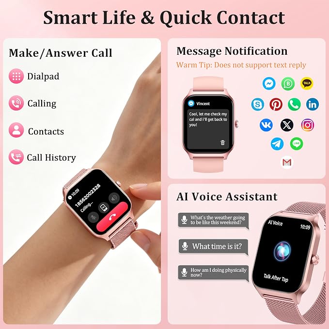 Smart Watch Women Men, 1.85’’ Reloj Inteligente para mujer hombre, Make/ Answer Call, Health Monitor/Blood Pressure, 110+ Sports Modes, Voice Control, IP68 Waterproof Compatible with Android & iPhone