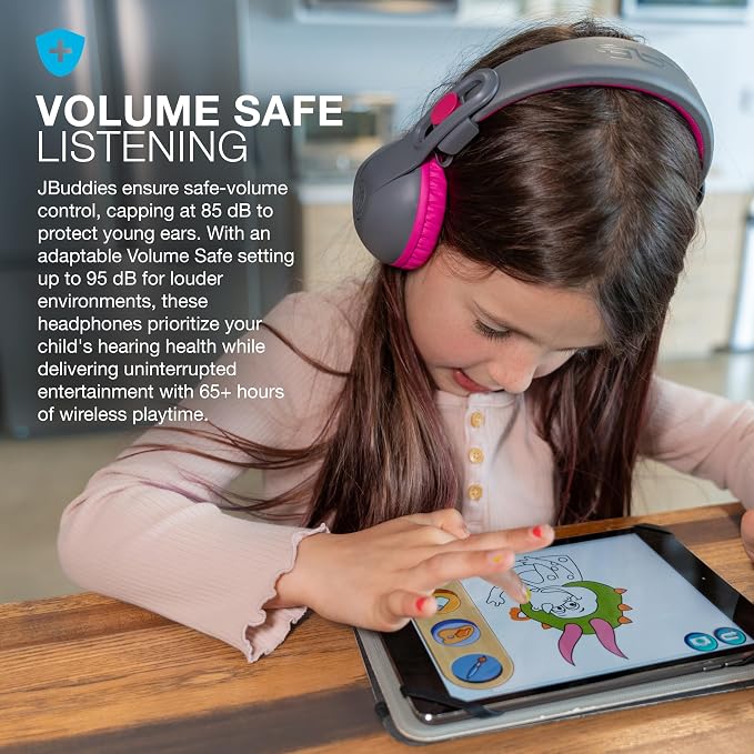 JLab, JBuddies Studio 2, Kids Headphones, Wireless Bluetooth On Ear, Volume Limiting, Foldable, Grey/Pink