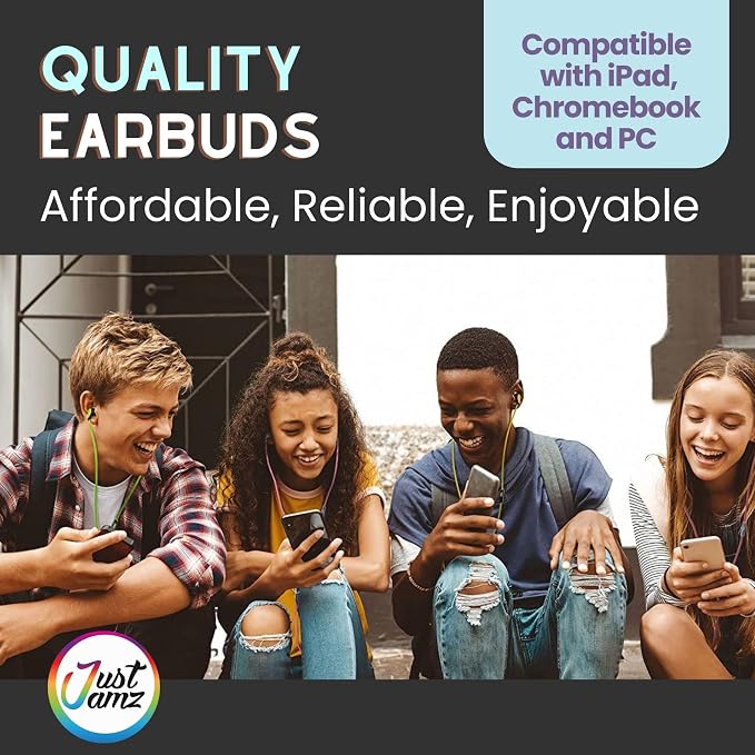 JustJamz Bulk Earbuds 100 Pack | Basic Ear Bud, Black Dot in-Ear Earphones, Disposable Headphones, Class Headphones Set for Students, Earphones for Class, Kids, Classroom, Library, Wired Earbuds