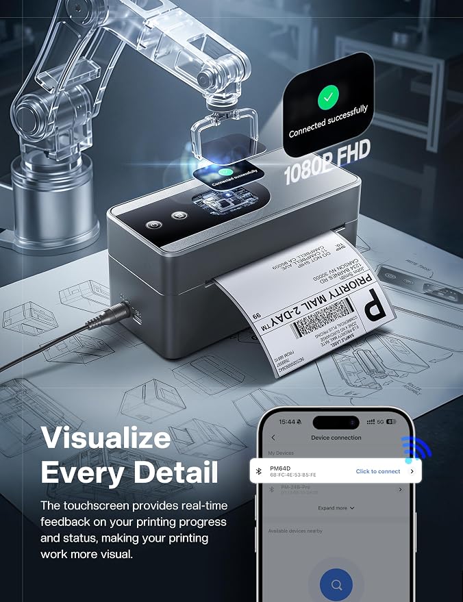 Phomemo 4x6 Shipping Label Printer with Touch Screen, Wireless Bluetooth Thermal Label Printer for Small Business & Packages, Compatible with Amazon Shopify Etsy UPS USPS