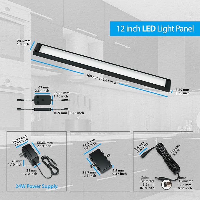 EShine 4 Pack 12 inch Black Smart Dimmable LED Under Cabinet Lighting Kit Compatible with Alexa, Google - Cool White (6000K)