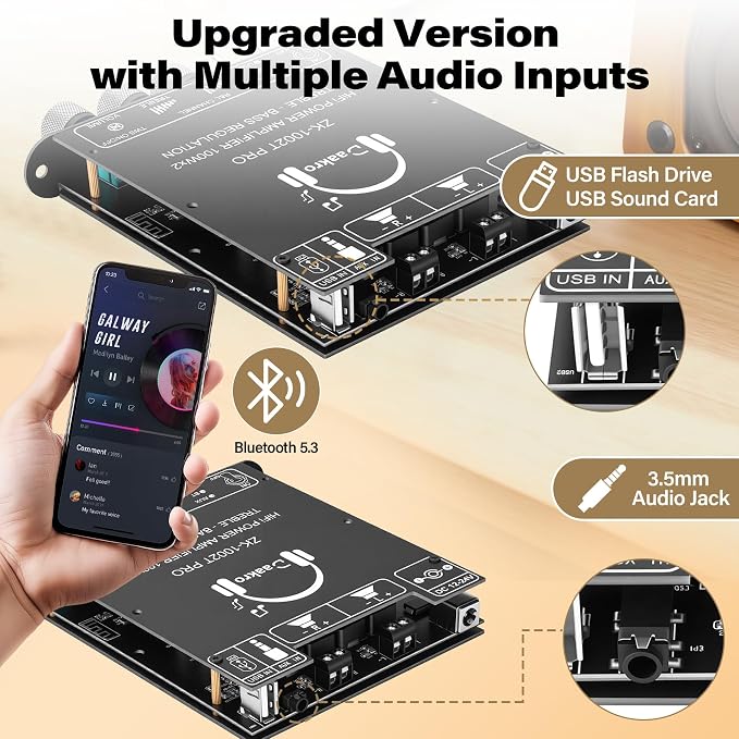 Daakro 2PCS ZK-1002T PRO 2.0 Channel Bluetooth 5.3 Amplifier Board 200W HiFi Audio AMP with Treble and Bass, TWS,BT USB and AUX Inputs, DC 12-24V 2.0 Channel Stereo AMP Module for DIY Speakers