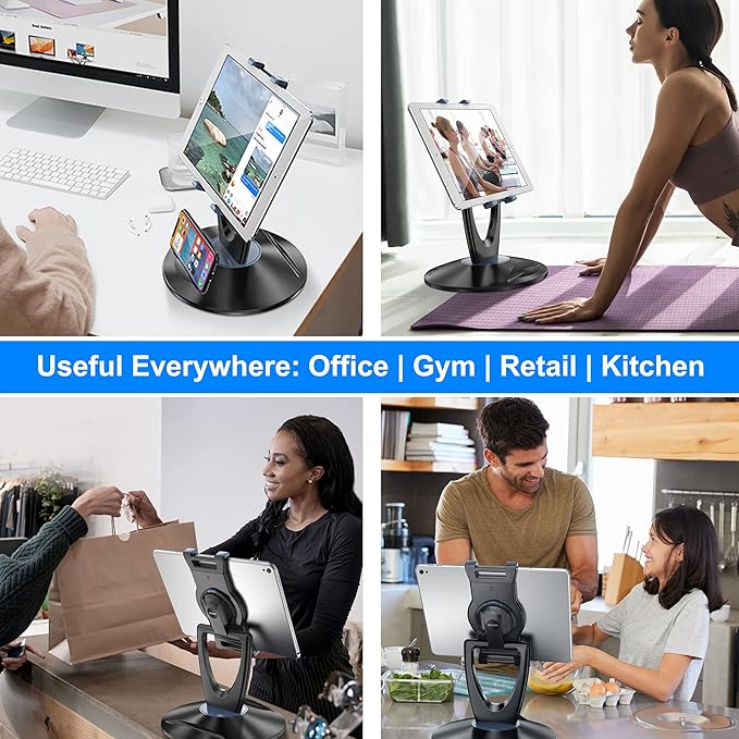 iPad Tablet Stand Holder for Desk - 6 inch to 13 inch - Stable, Adjustable - 360° Swivel Angle Pen Phone iPad Stand for Store, Retail Kiosk, Reception, Home Office, Gift Ideas - Black