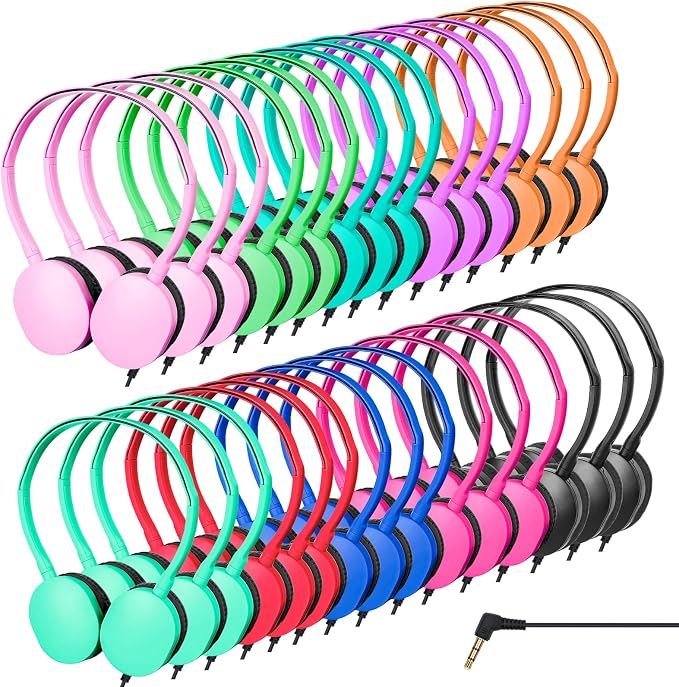 Kids Classroom Bulk Headphones 100 Pack, Wired Adjustable Over-Ear Headphones for School, Online Learning, Libraries, Testing, 3.5mm Plug Multi-Color