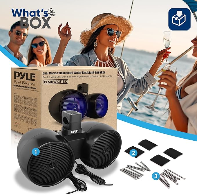Pyle Dual Waterproof Off-Road Speakers - 8" 300W 2-Way Marine Wakeboard Tower Sound System w/LED Light, Full Range Outdoor Stereo Speaker for Car, ATV, UTV, Jeep, Boat, Includes Brackets (Black)