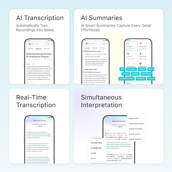 WaveNote TAG AI Voice Recorder – Speech-to-Text Transcription & Summary, 42-Hour Long Recording, Real-Time Translation, Ideal for Business Meetings, Lectures, Interviews, 40-Day Standby