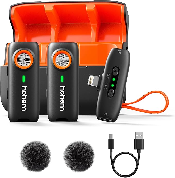 hohem MIC-01 Wireless Lavalier Microphone for iPhone, Noise Cancellation, 48kHz 328ft Range, 20 Hours Battery, Wireless Microphone for iOS, Live Streaming, Vlog (2TX + 1RX + Charging Case)