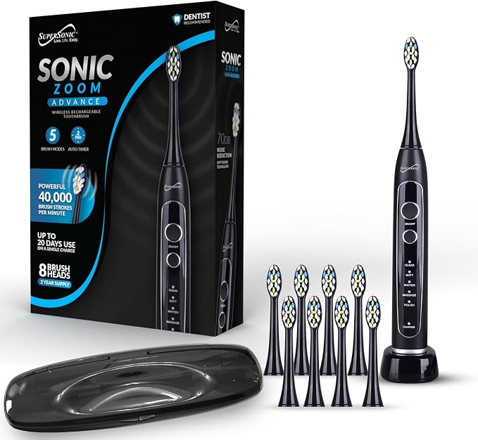 Supersonic TB-5100 Sonic Zoom Advanced Whitening Electric Toothbrush | 40,000 VPM | Wireless Charging | 5 Cleaning Modes | 8 Brush Heads | Auto Timer | Travel Case | Black