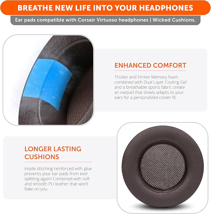 WC Freeze Virtuoso - Hybrid Fabric Cooling Gel Replacement Earpads for Corsair Virtuoso Gaming Headset, Made by Wicked Cushions, Improved Durability, Thickness and Sound Isolation | Brown