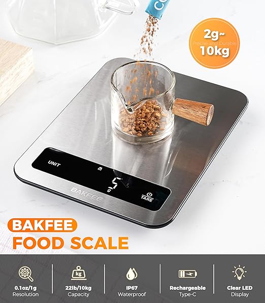 100% Waterproof Food Scale, IP67 Digital Kitchen Scale, Rechargeable (USB-C), 0.1oz/1g Precision, 22lb Capacity, Stainless Steel & Tempered Glass, for Cooking, Making Sourdough Bread, Black