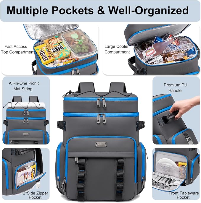 Weitars Insulated Cooler Backpack,Double Deck Waterproof Soft Cooler Bag,Backpack Coolers Leak Proof Lunch Backpack for Men Women for Travel,Camping,Picnic,Beach,Picnic,Outdoor 31L/52 Can