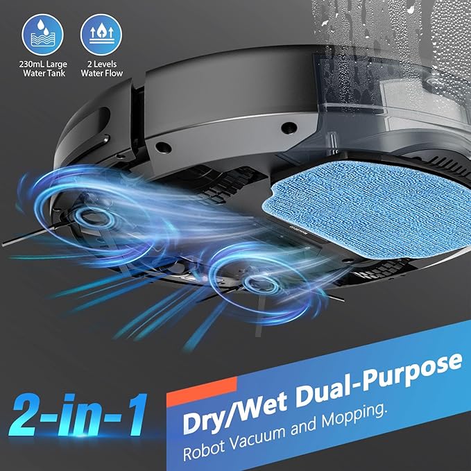 Robot Vacuum and Mop Combo, 2 in 1 Robotic Vacuum Cleaner with Schedule, App/Alexa/Voice Control, Slim 2.87", Self-Charging, Strong Suction & Long Runtime, Ideal for Hard Floor, Pet Hair, Carpet