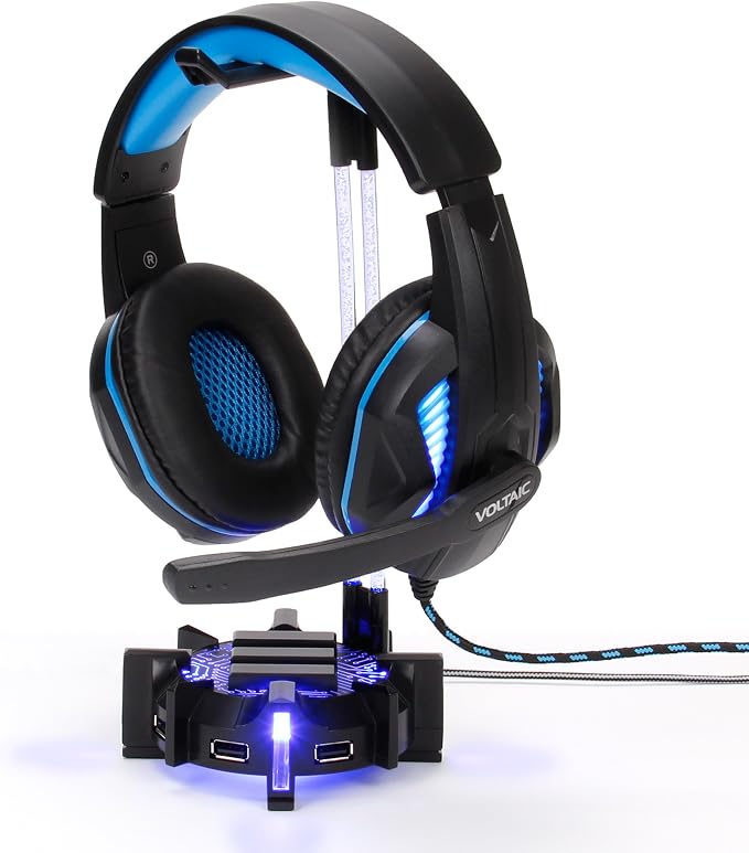ENHANCE Gaming Headphone Stand Headset Holder with 4 Port USB Hub, Customizable LED Lighting, Flexible Acrylic Neck - Universal Hanger with Weighted Base for Wired or Wireless Headsets - PS4, Xbox, PC