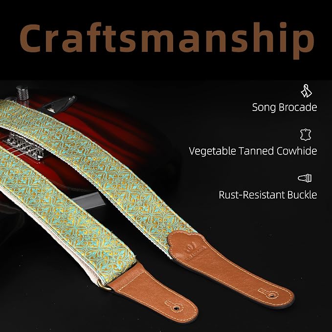 Guitar Strap, Electric& Acoustic Bass Guitar Straps,Embroidered Filament with Head Cowhide Leather Strap, with Free Strap Button,2 Guitar Strap Locks,4Guitar Pick (Yellow Flower)