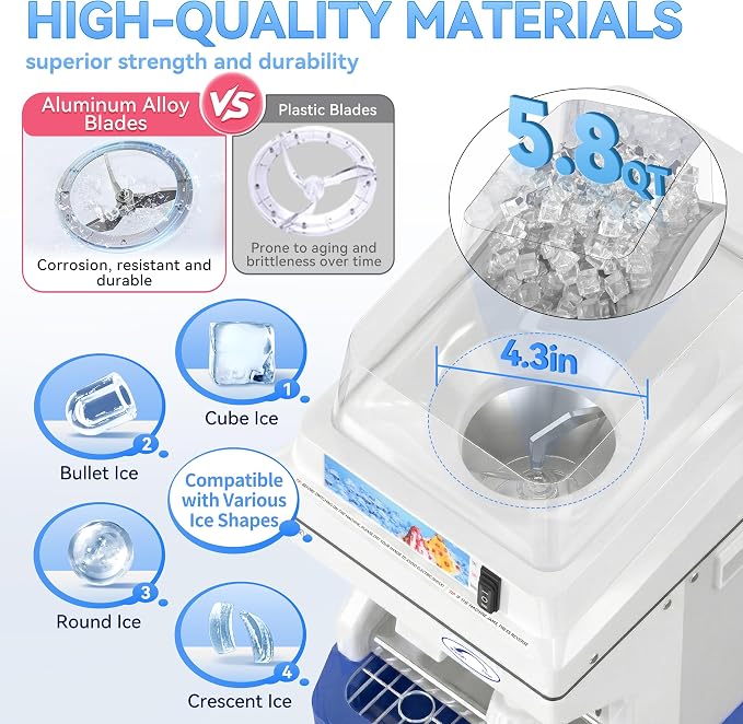 Electric Ice Crusher Shaver, 300W Snow Cone Maker Machine 441LBs/hr Thickness Adjustable for Bar Parties Events Snack(5.8Qt)