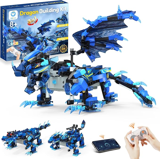 Bundle - 2 Items: Sillbird Solar Robot Toys & Dragon Building Kit with Remote Control, Christmas Stem Gifts for Kids Boys Ages 8-12, Technic Buildable Coding Toys